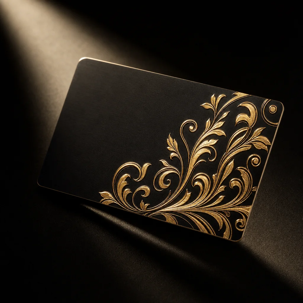 Engraved metal VIP membership card on dark velvet